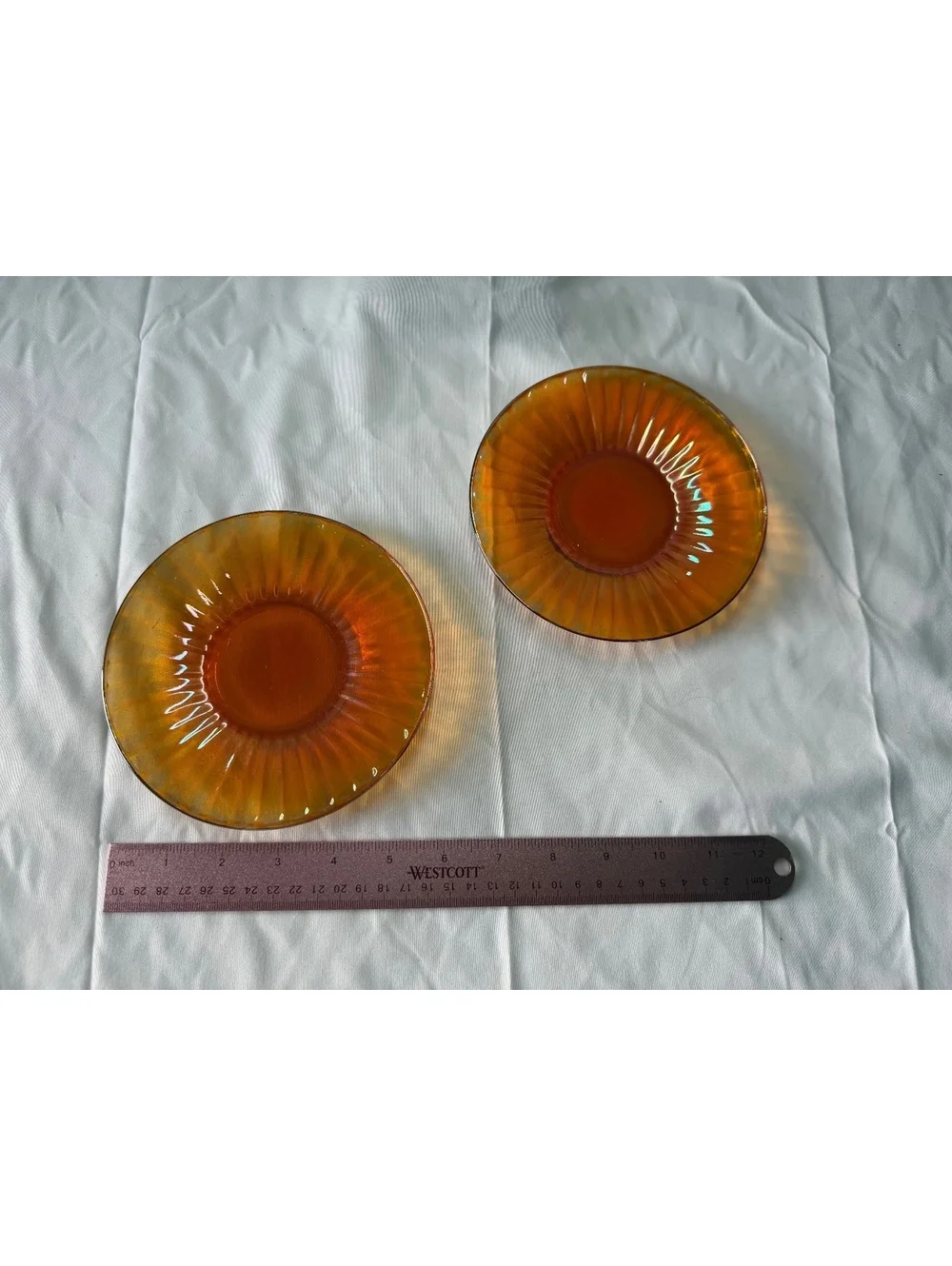 Vintage Marigold Carnival Glass Ribbed Saucers Set of 2 Iridescent Orange 6”